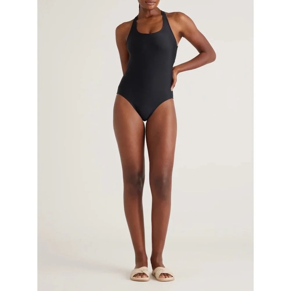 MWT Quince Womens Italian Cross Back One Piece Swimsuit Large Padded Black